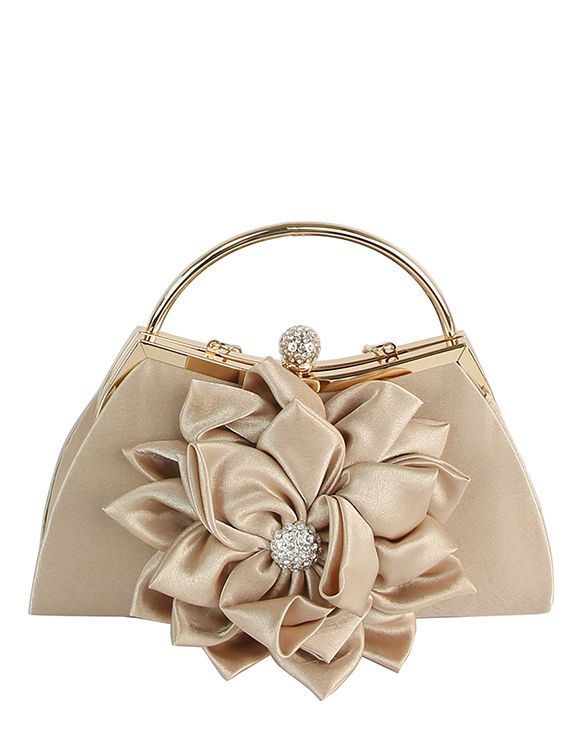 Satin Gold Flower Frame Handle Clutch Evening Bag