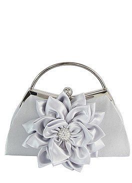 Satin Flower Frame Handle Clutch Evening Bag