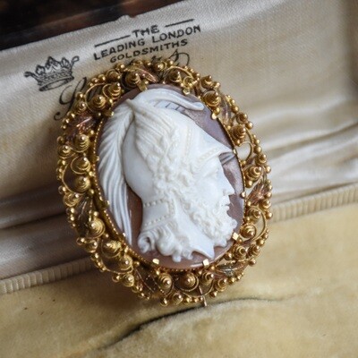 Georgian era gold cannetille shell cameo brooch