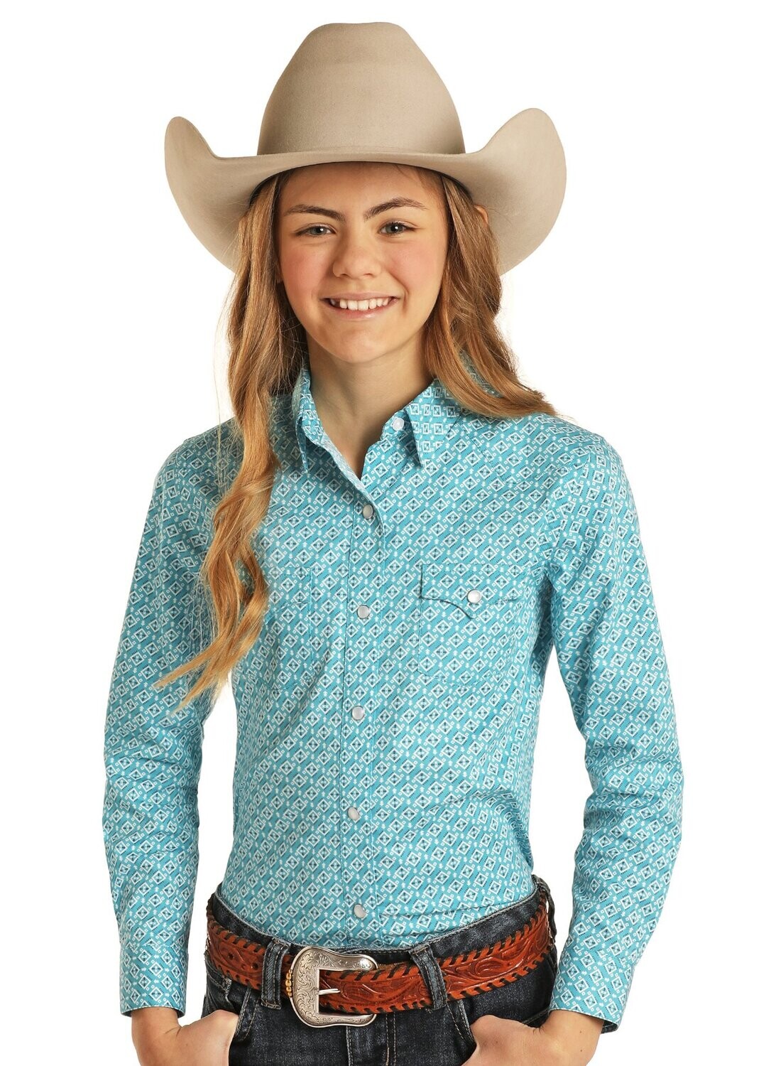 Girl's Light Turquoise Pearl Snap Shirt