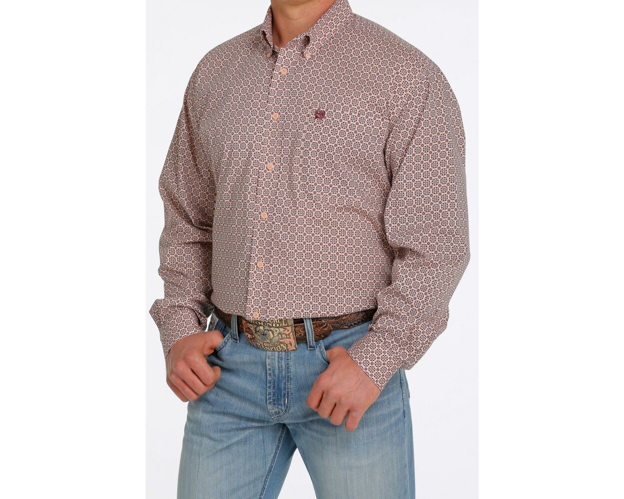 Cinch Men's Pink Print Long Sleeve Button Down Shirt