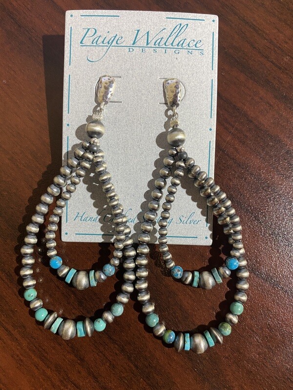 PAIGE WALLACE DOUBLE LOOP NAVAJO PEARLS/TURQUOISE EARRINGS