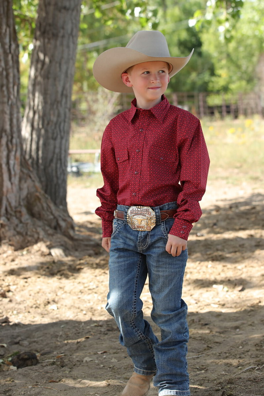 BOYS GEOMETRIC PRINT BUTTON-DOWN WESTERN SHIRT - BURGUNDY