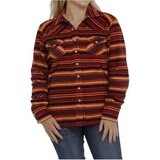 Ladies Red Striped Fleece Shirt Jacket