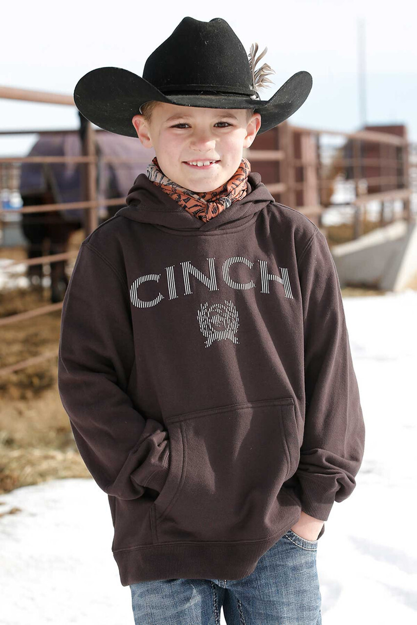 CINCH BOY'S YOUTH BROWN LOGO PULLOVER HOODIE