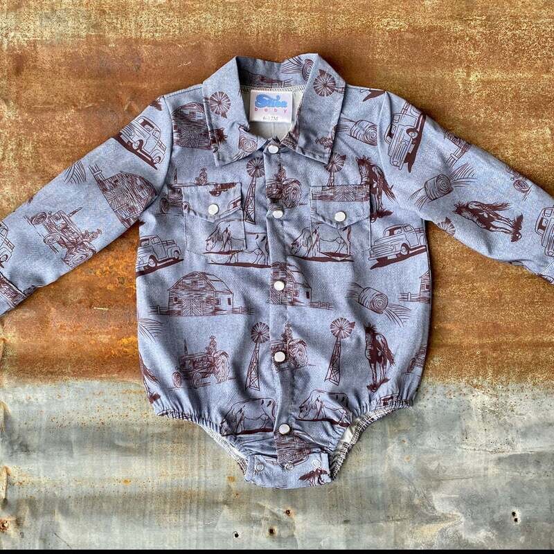 BOYS LONG SLEEVE FARM PRINT PEARL SNAP ONSIE