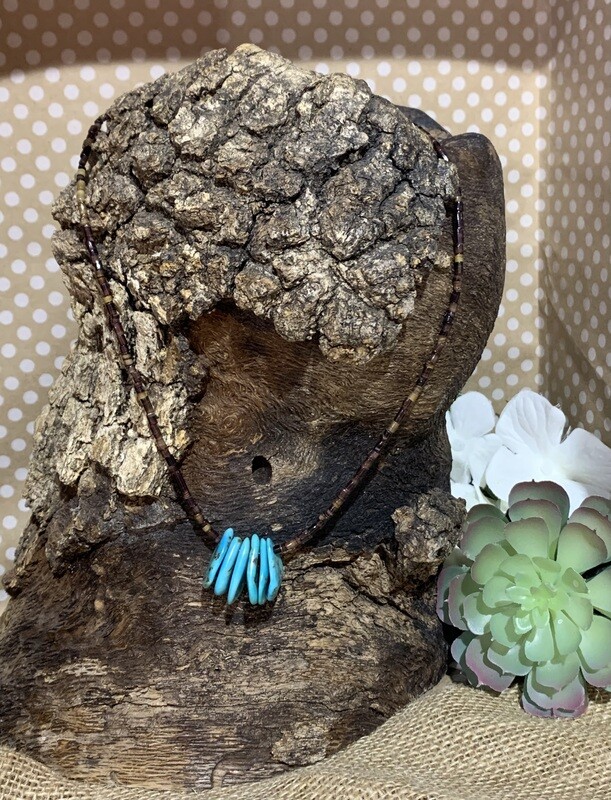 BROWN NECKLACE WITH TURQUOISE SHELLS