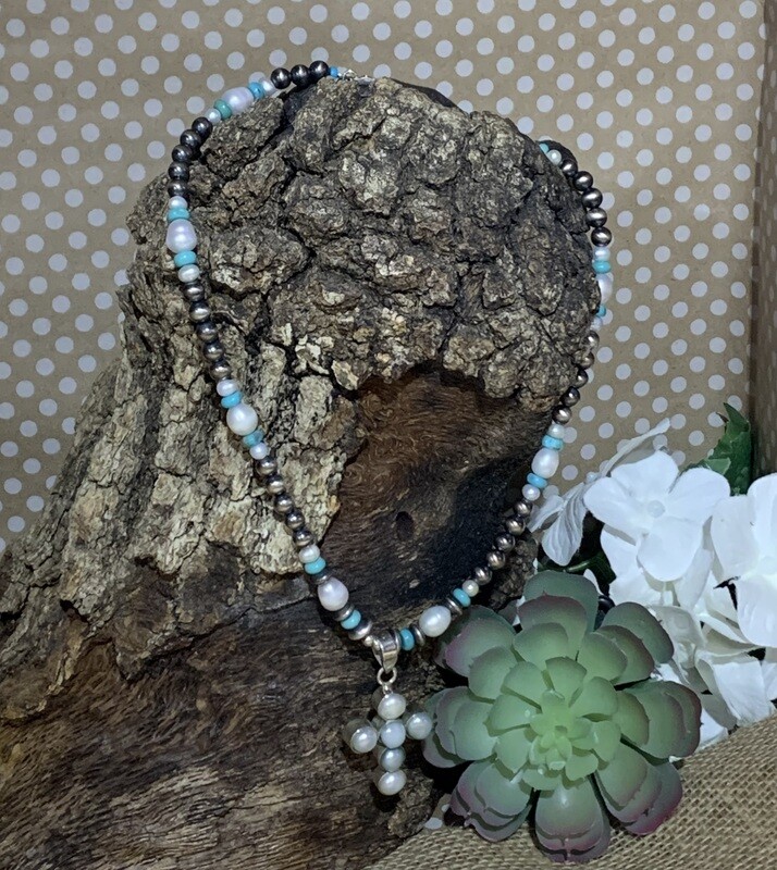NAVAJO PEARL/PEARL/TURQUOISE NECKLACE WITH PEARL CROSS