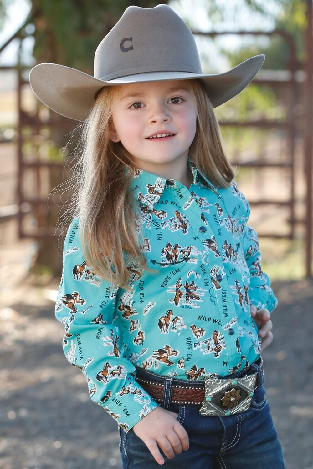 GIRL'S COWGIRL PRINT BUTTON-DOWN WESTERN - TURQUOISE