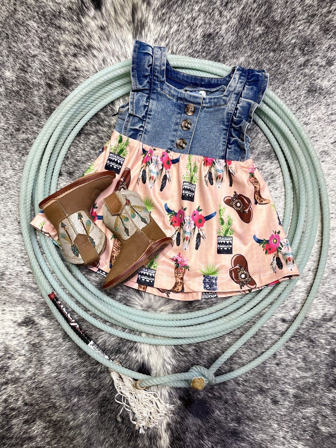 FLORAL SKULL DENIM DRESS