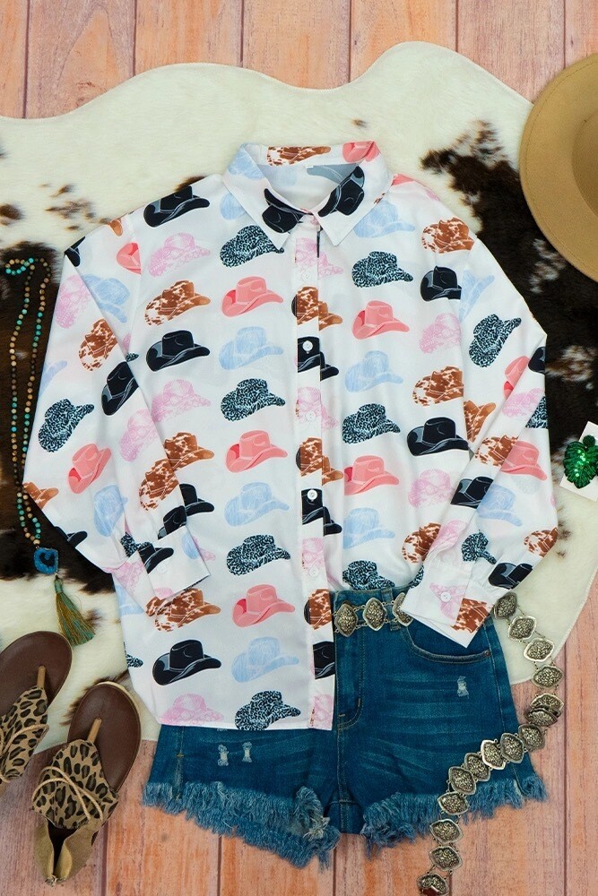 Ladies Hat Print Button Up Shirt
