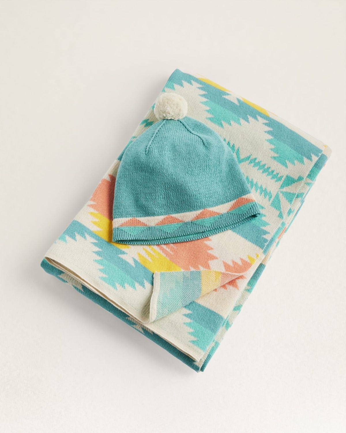 PENDLETON KNIT BABY BLANKET WITH BEANIE - TAN MULTI