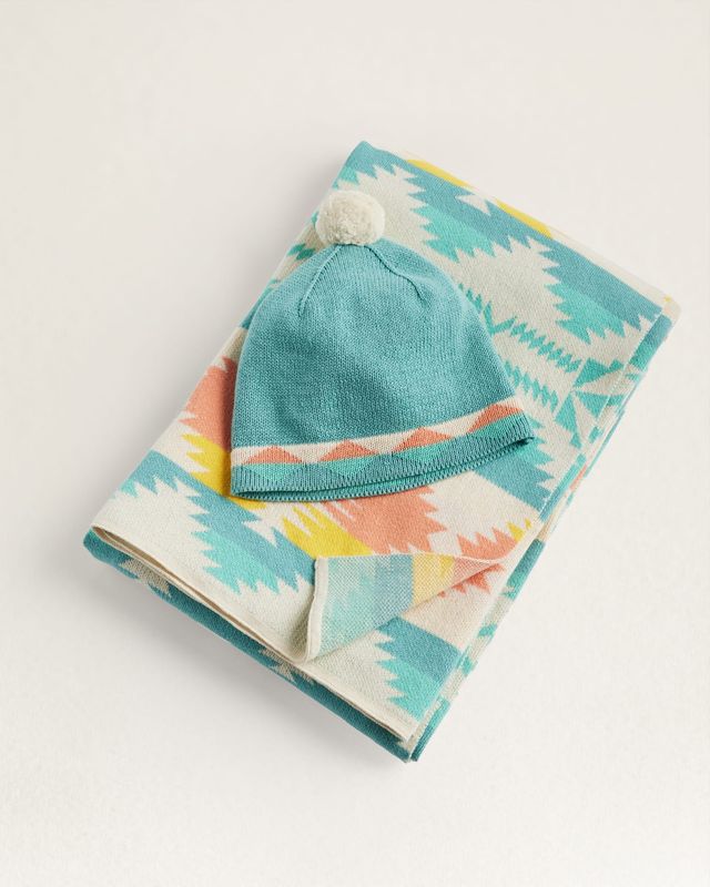 PENDLETON KNIT BABY BLANKET WITH BEANIE - TAN MULTI