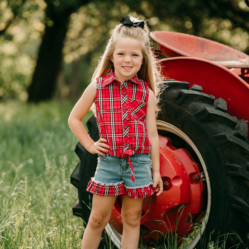 DENIM SHORTS W/PLAID RUFFLE