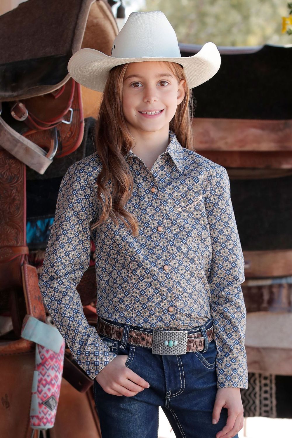 CRUEL GIRL GEOMETRIC PRINT BUTTON DOWN SHIRT - ORANGE/LIGHT BLUE