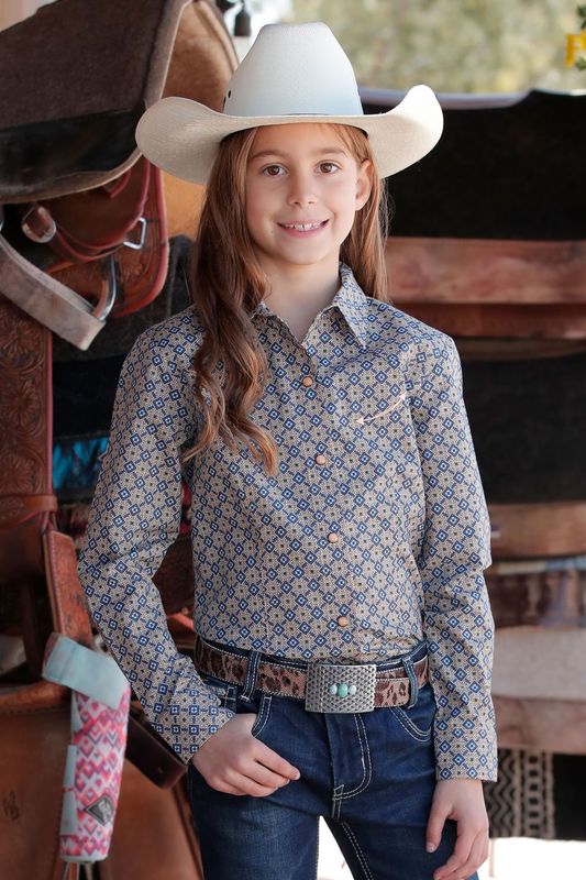 CRUEL GIRL GEOMETRIC PRINT BUTTON DOWN SHIRT - ORANGE/LIGHT BLUE