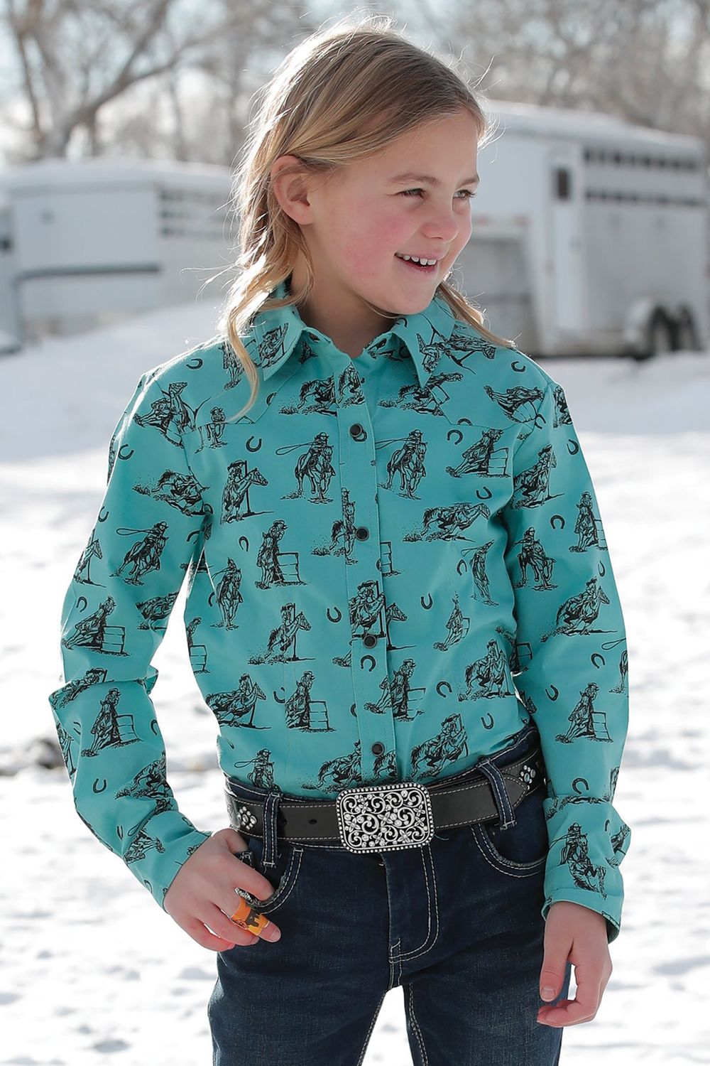 CRUEL GIRL TURQUOISE WESTERN PRINT BUTTON DOWN SHIRT