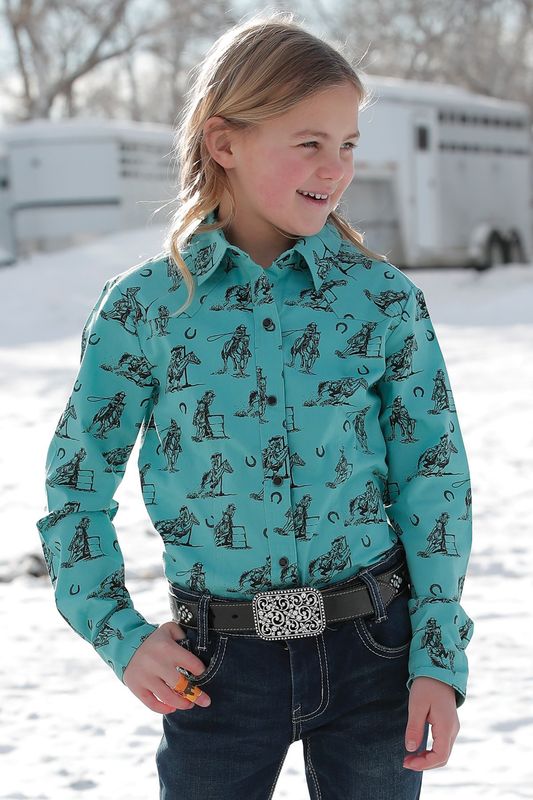 CRUEL GIRL TURQUOISE WESTERN PRINT BUTTON DOWN SHIRT