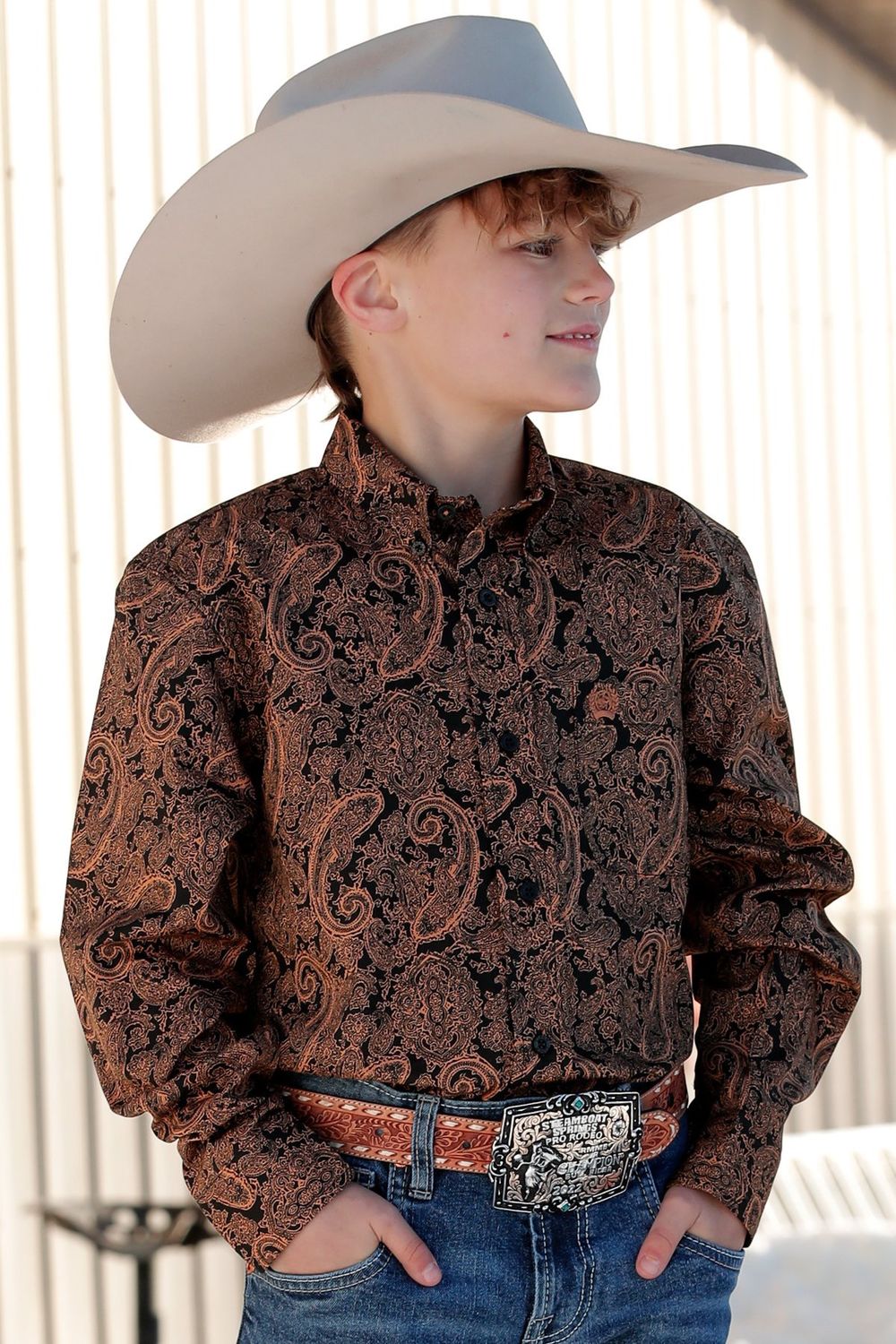 CINCH BOYS MATCH DAD PAISLEY PRINT BUTTON DOWN SHIRT