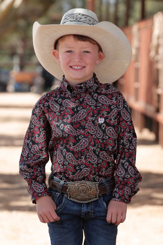 CINCH BOYS MATCH DAD PAISLEY PRINT BUTTON DOWN SHIRT - BLACK/RED