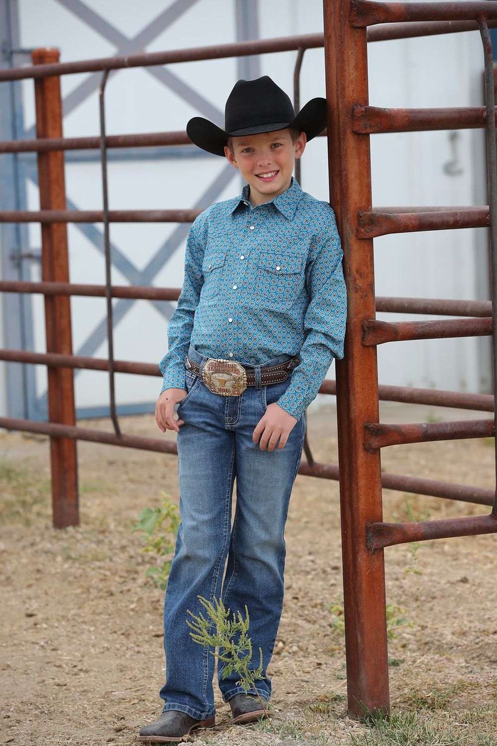 CINCH BOYS GEOMETRIC PRINT BUTTON DOWN WESTERN SHIRT- BLUE
