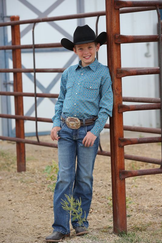 CINCH BOYS GEOMETRIC PRINT BUTTON DOWN WESTERN SHIRT- BLUE