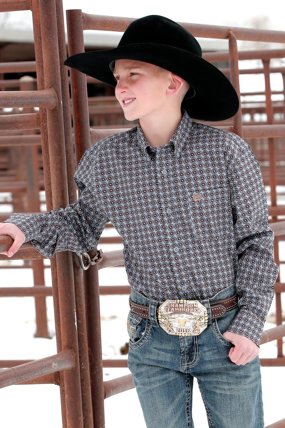 CINCH BOYS MEDALLION PRINT BUTTON DOWN SHIRT GRAY