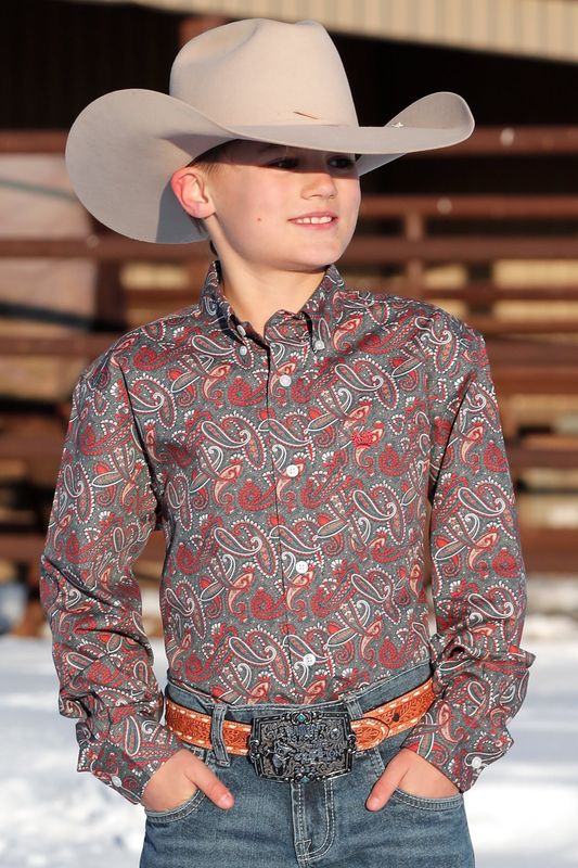 CINCH BOYS PAISLEY PRINT BUTTON DOWN SHIRT - BLUE/RED/BROWN