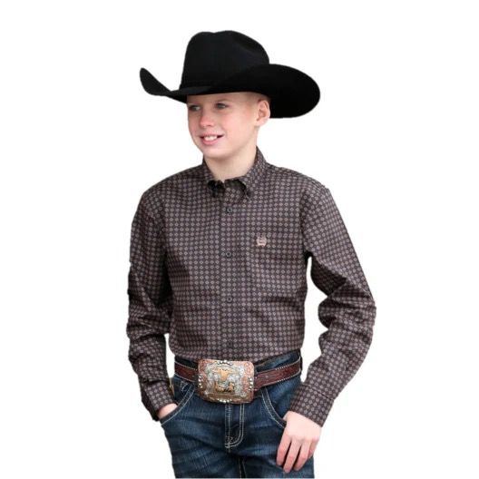 CINCH BOYS BROWN CHECKERED PRINT BUTTON DOWN SHIRT