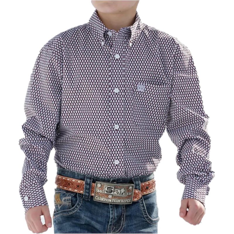CINCH BOYS PURPLE GEOMETRIC PRINT BUTTON DOWN SHIRT