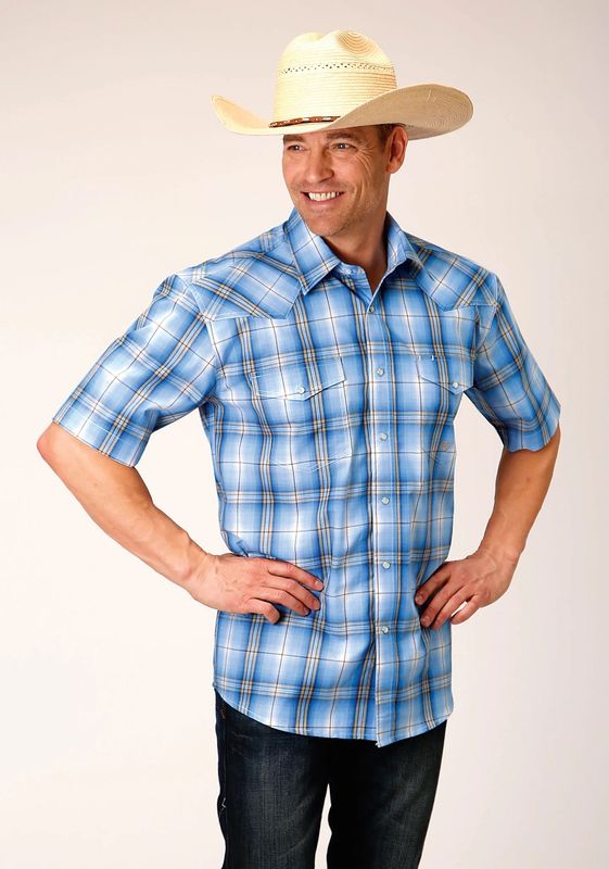 ROPER MEN&#39;S SHORT SLEEVE SNAP CORNFLOWER PLAID PEARL SNAP SHIRT