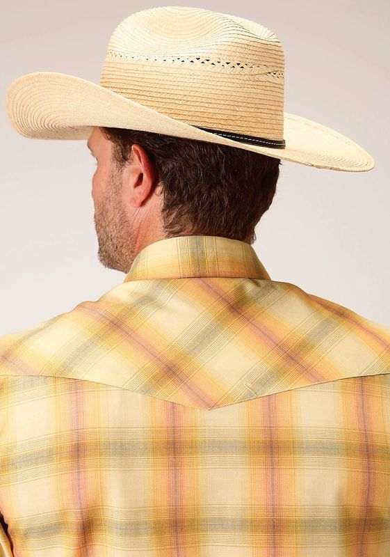ROPER MENS SHORT SLEEVE PEARL SNAP YELLOW/TANGERINE PLAID SHIRT