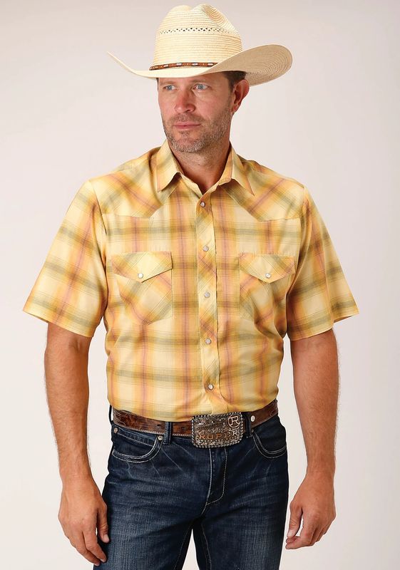 ROPER MENS SHORT SLEEVE PEARL SNAP YELLOW/TANGERINE PLAID SHIRT