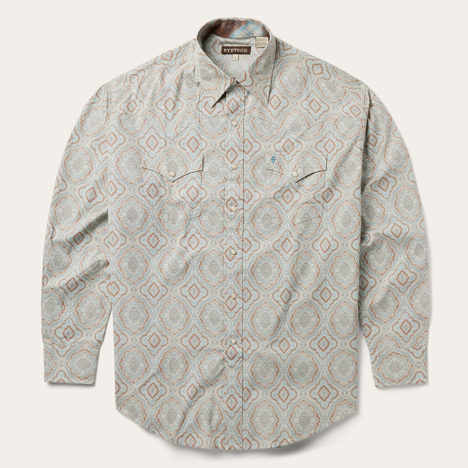 STETSON MEN&#39;S AQUA PAISLEY PRINT SNAP SHIRT