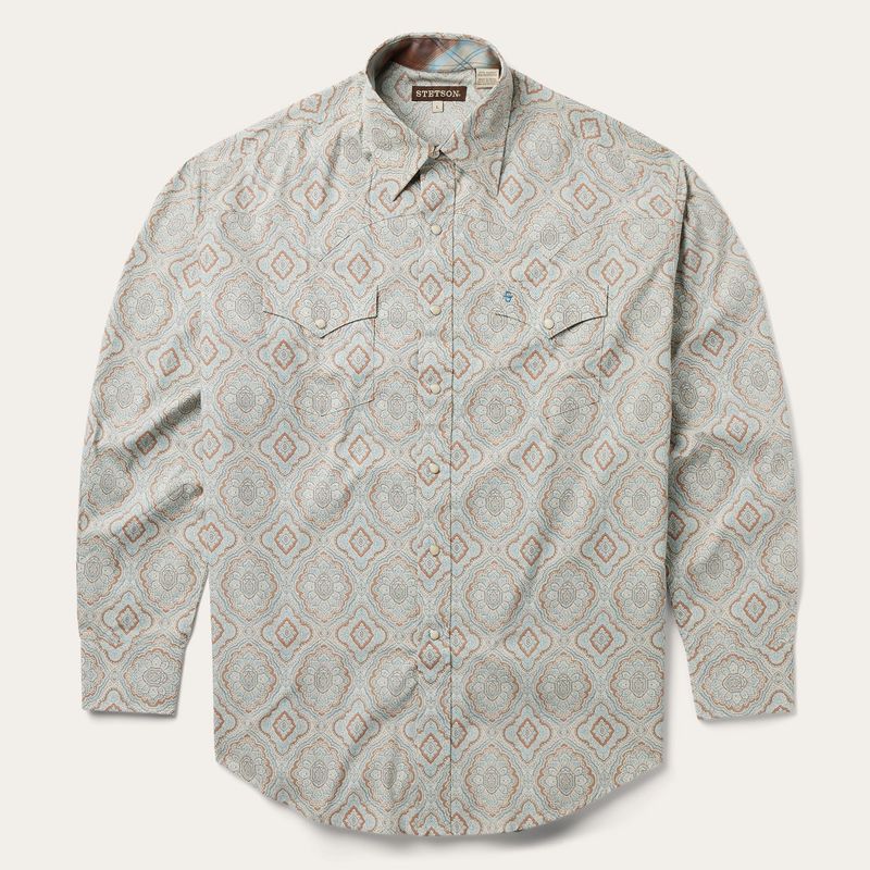 STETSON MEN&#39;S AQUA PAISLEY PRINT SNAP SHIRT