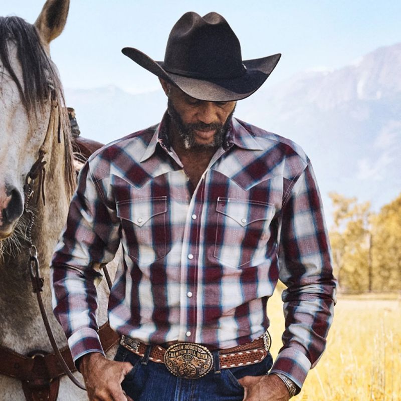 STETSON MENS WINE PLAID SNAP SHIRT
