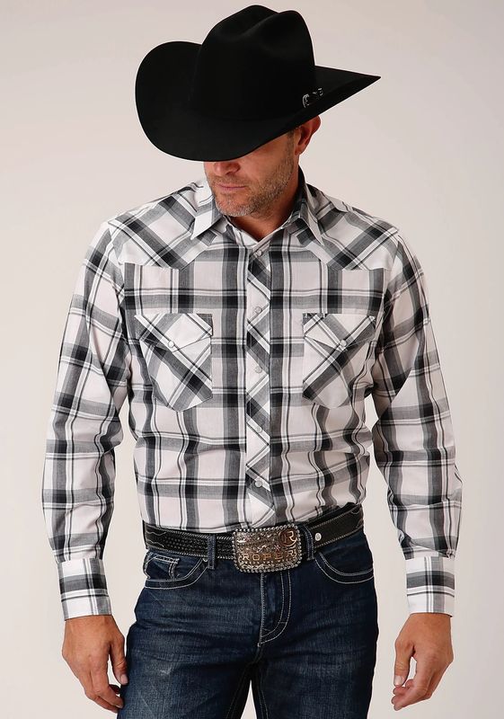 ROPER MENS LONG SLEEVE SNAP WHITE/BLACK.GRAY PLAID SHIRT