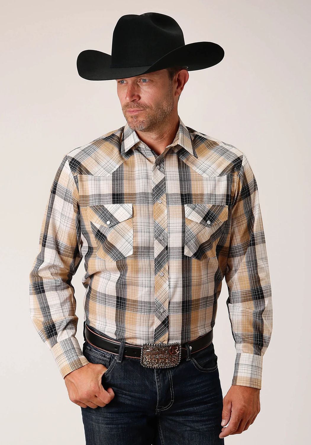 ROPER MENS LONG SLEEVE SNAP BLACK/KHAKI/WHITE PLAID SHIRT
