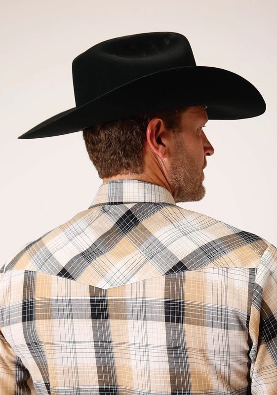 ROPER MENS LONG SLEEVE SNAP BLACK/KHAKI/WHITE PLAID SHIRT