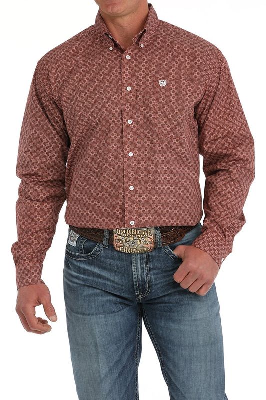 MEN'S MEDALLION PRINT BUTTON-DOWN WESTERN SHIRT - RED