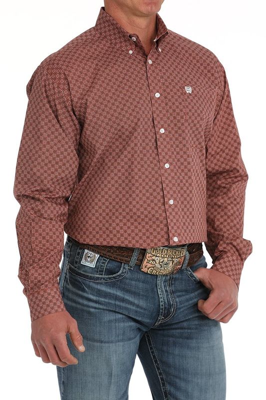 MEN&#39;S MEDALLION PRINT BUTTON-DOWN WESTERN SHIRT - RED