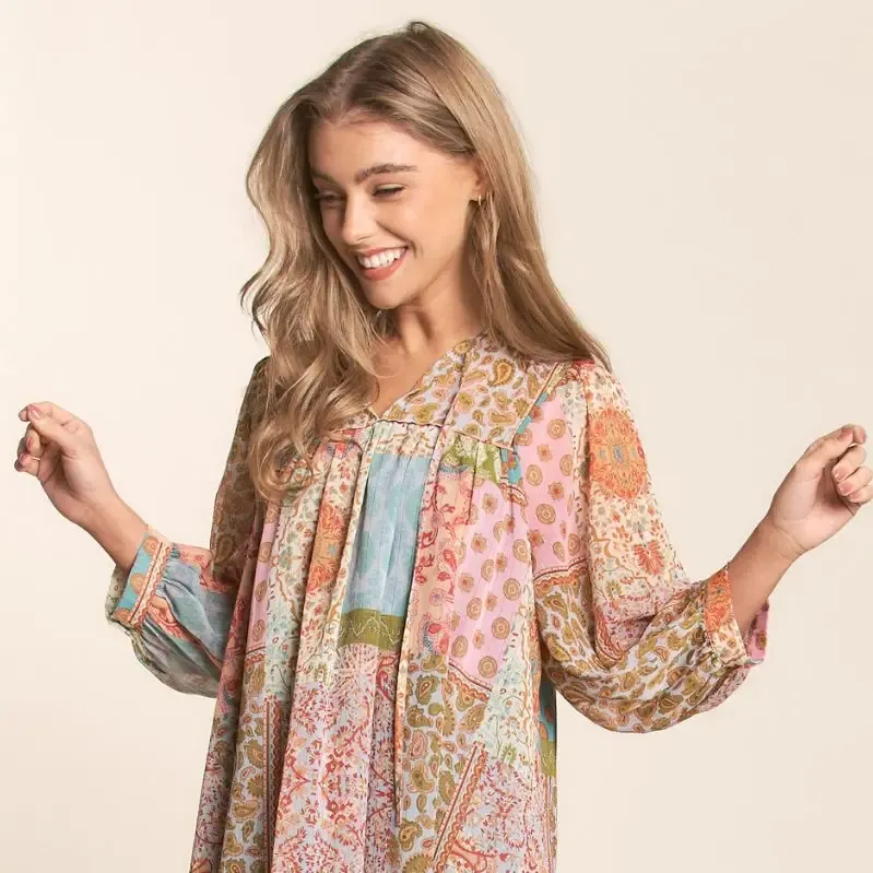Multi Print Long Sleeve Chiffon Dress