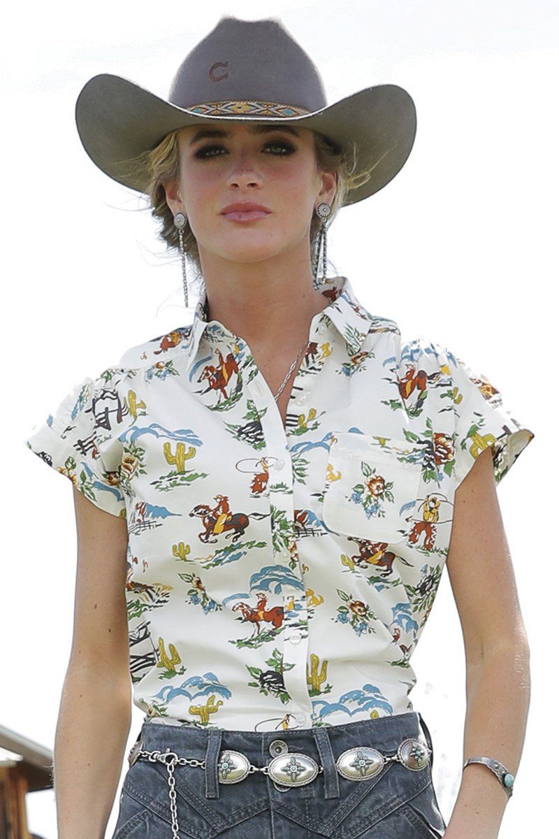 Women&#39;s Cowboy Print Blouse - Cream