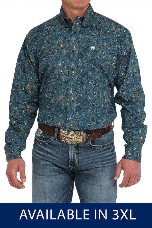 Men&#39;s 3XL Paisley Print Button-Down Western Shirt - Blue