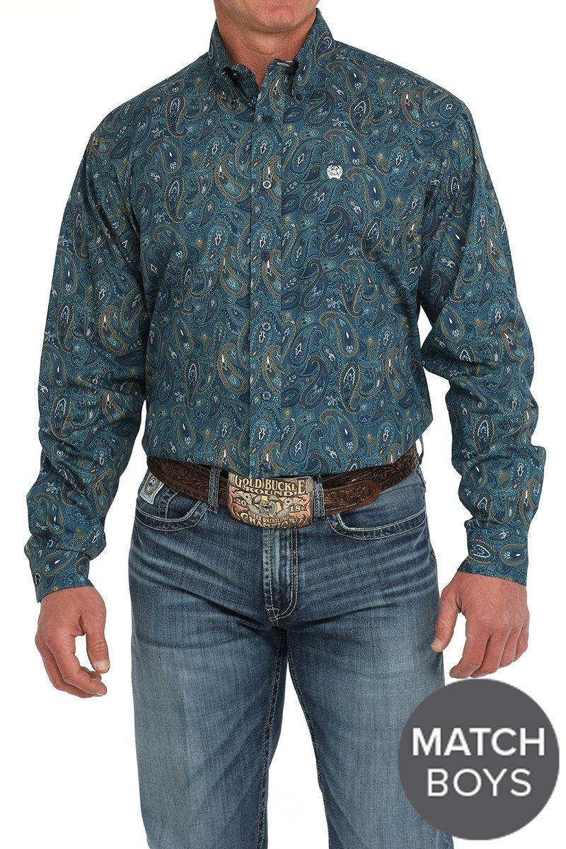 Men&#39;s Paisley Print Button-Down Western Shirt - Blue
