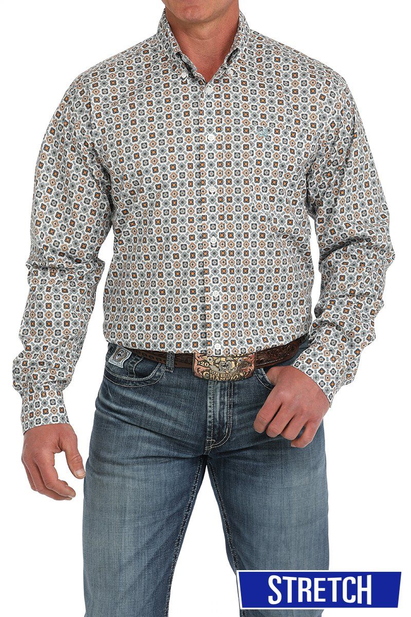 Men&#39;s Medallion Print Button-Down Western Shirt - White
