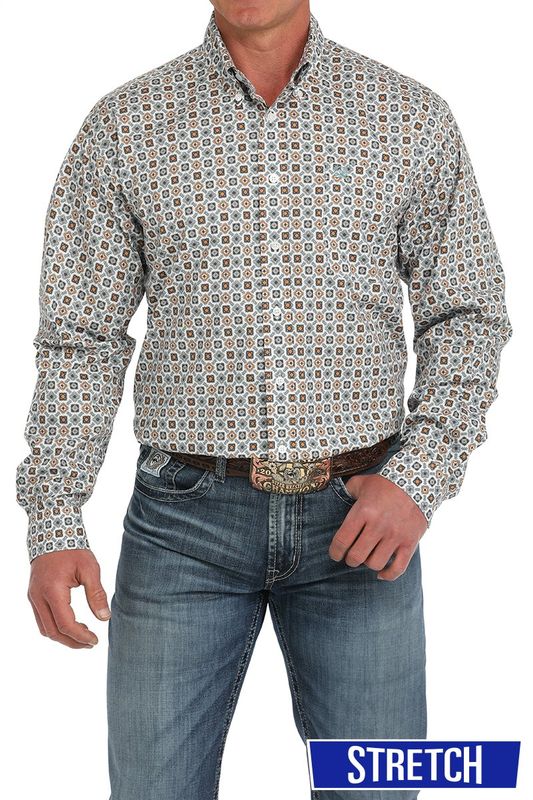 Men&#39;s Medallion Print Button-Down Western Shirt - White