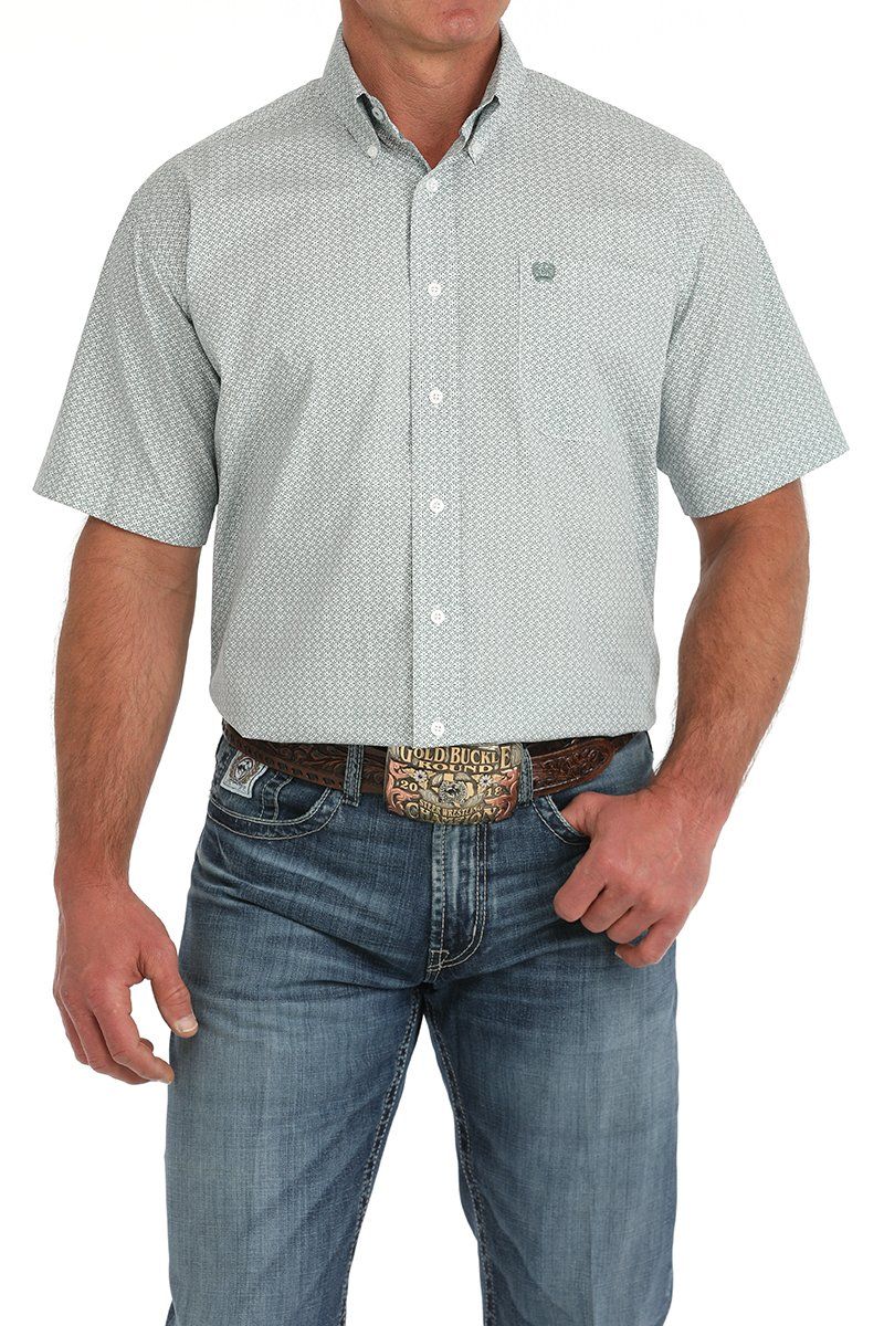 Men&#39;s Medallion Print Short Sleeve Button-Down Western Shirt - Green