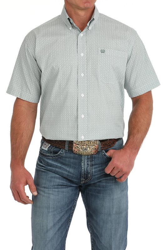 Men&#39;s Medallion Print Short Sleeve Button-Down Western Shirt - Green