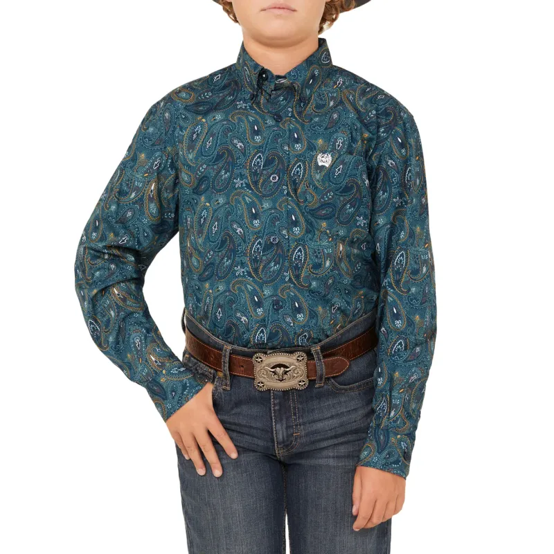 Boy&#39;s Blue Paisley Print Button Down Western Shirt